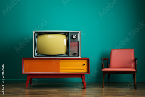 Vintage tv set in front of a vivid painted wall with a chair a minimalist bright image.