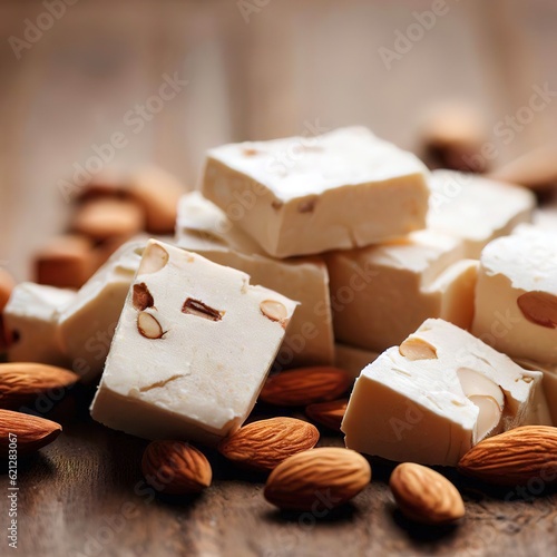 almond nougat pieces on wooden table