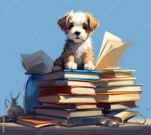 dog with stack books . generative AI © ReisMedia