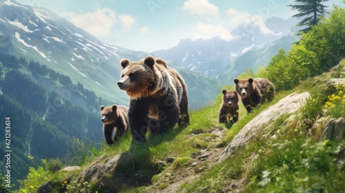 Generative AI. Wild predatory animals walk through a green meadow in the mountains. A bear and cubs in the mountains of the Caucasus or Canada in summer.