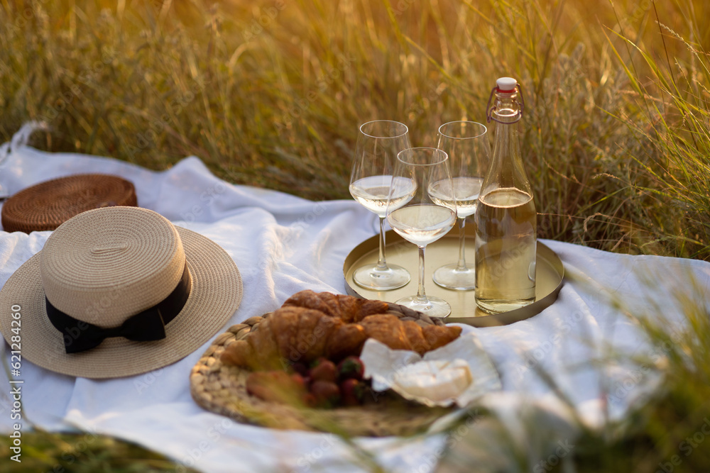 Beautiful summer picnic in the park with tasty fresh berries, croissants, cheese and wine. Pleasure time at nature.