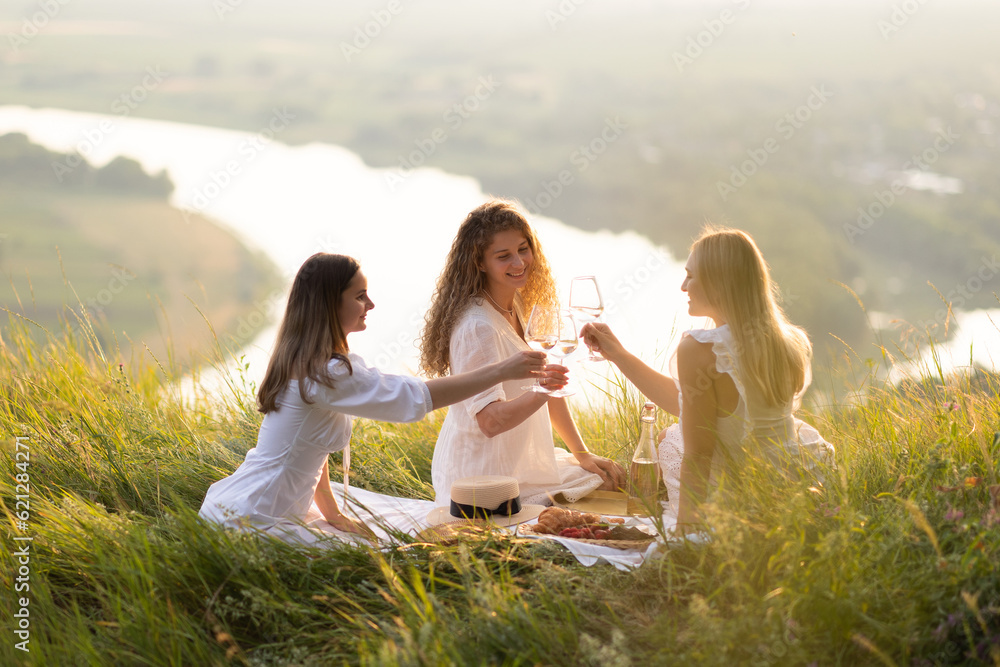 Friendship, leisure and summer evenings. Group of happy friends drinking wine at summer picnic on the hill at sunset.