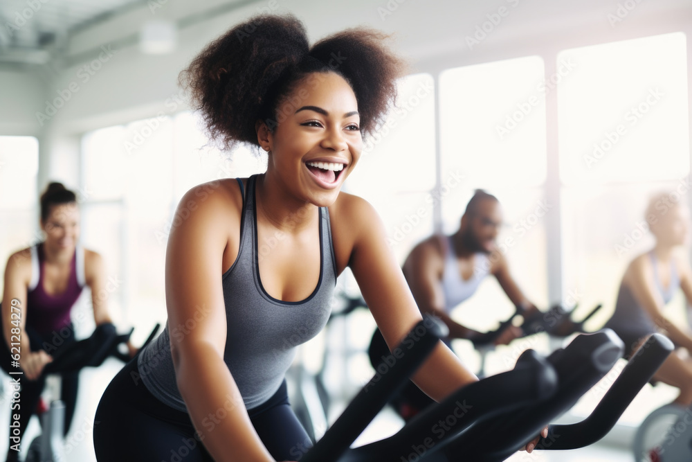 Group fitness class , featuring participants engaged in an energetic workout, such as spinning, aerobics, set against a bright, gym studio background