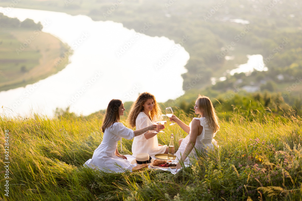Picnic time with friends. Young happy girlfriends having fun on picnic in the park. Relaxed lifestyle concept.