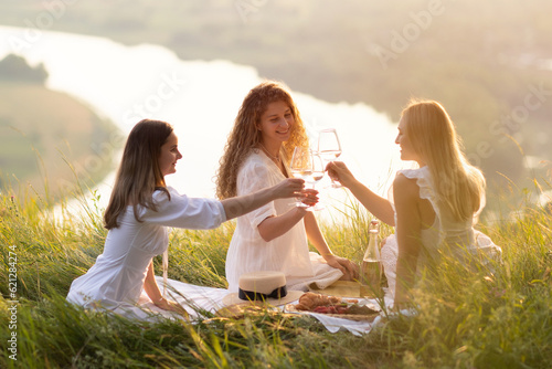 Obraz na płótnie The company of female friends enjoys a summer picnic and raise glasses with wine. w salonie