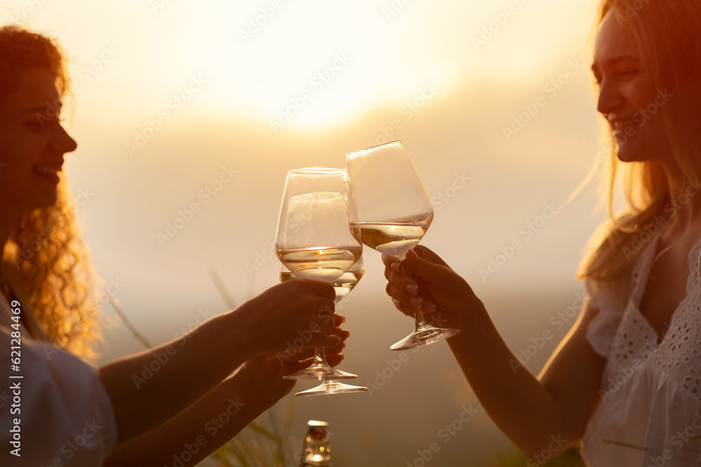 A group of happy smiling girlfriends raise a toast with glasses of white wine on a sunset. Close shot.