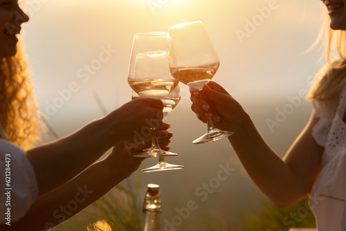 Obraz na płótnie A group of happy smiling girlfriends raise a toast with glasses of white wine on a sunset. Close shot. w salonie