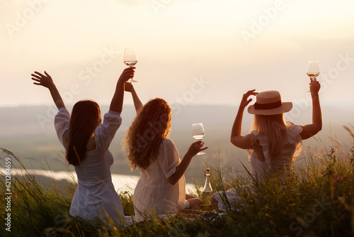 Obraz na płótnie Back view of happy women in the park in evening sunlight. The lights of a sun. The company of female friends enjoys a summer picnic and raise glasses with wine. w salonie