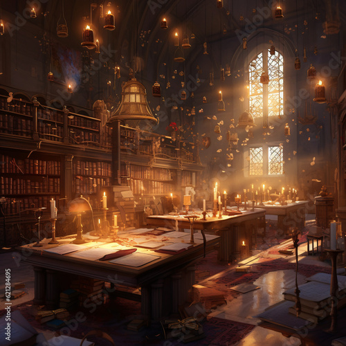 Enchanted Library: Harry Potter-Tolkien Style Digital Art, Warm Candlelit Glow. Generative AI.