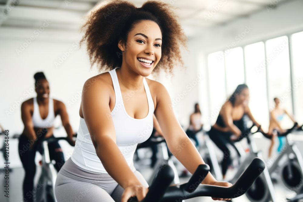 Group fitness class , featuring participants engaged in an energetic workout, such as spinning, aerobics, set against a bright, gym studio background Group fitness class , featuring participants engaged in an energetic workout, such as spinning, aerobics, set against a bright, gym studio background