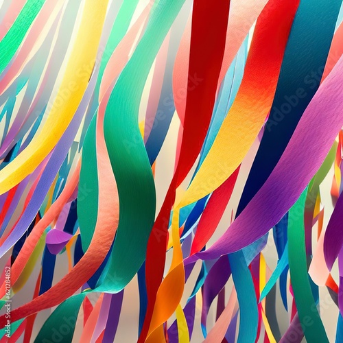 streamers of rainbow crepe paper are coming from all directions, pulled tight, interwoven to cover the screen, multicolor, bright, energetic, realism