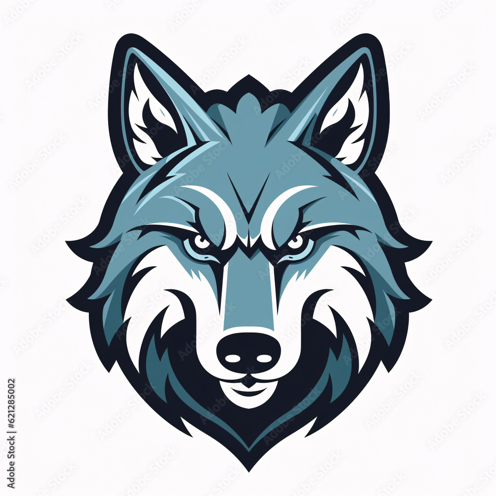 Simple logo, icon design of cool looking wolf's head. Minimalistic. Clean background. Generative AI.
