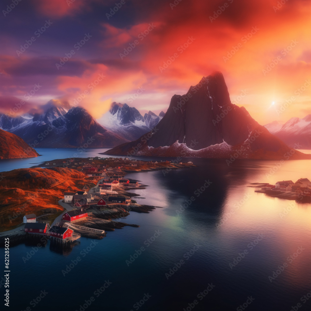 Vibrant sunrise, sunset over a lake in the mountains. Hyper-realism. Lofoten fjords, Norway. Generative AI.