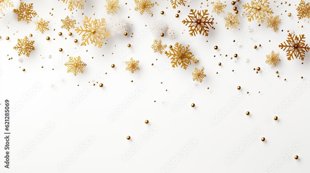  A minimalist arrangement of golden snowflakes on a textured white surface, adding a touch of sparkle and elegance to your Christmas-themed designs or marketing materials. Generative AI