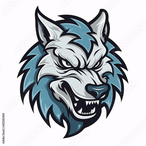 Wolf head logo, sticker. Angry, fierce, tough-looking, aggressive roaring wolf illustration. Symbol, icon, sign, brand, tattoo. Digital art. Generative AI. photo