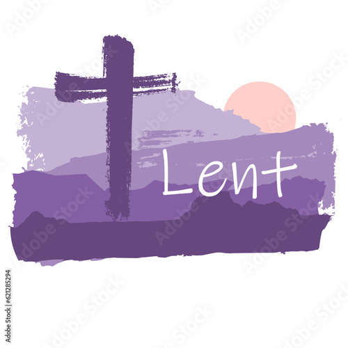 Grunge style christian cross for Ash Wednesday web banner or social graphic. The first day of Lent is a holy day of prayer and fasting. Brush paint backdrop