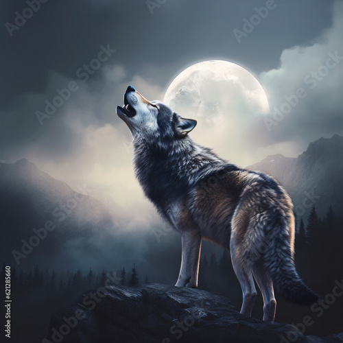 Fierce wolf howling at the moon, sunrise, sunset, with mountains and landscape in the background. Digital illustration, painting, drawing, art, poster, picture. Generative AI.