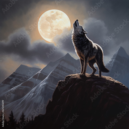 Fierce wolf howling at the moon, sunrise, sunset, with mountains and landscape in the background. Digital illustration, painting, drawing, art, poster, picture. Generative AI.