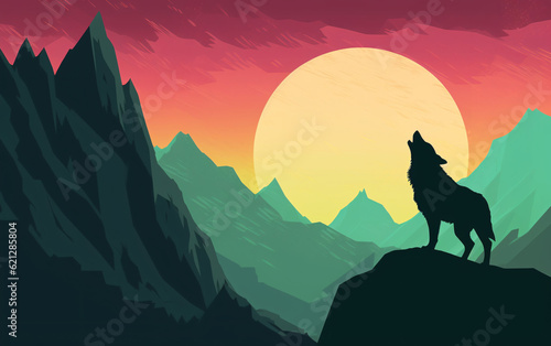Fierce wolf howling at the moon, sunrise, sunset, with mountains and landscape in the background. Vivid, vibrant colors. Digital illustration, painting, drawing, art, poster, picture. Generative AI.