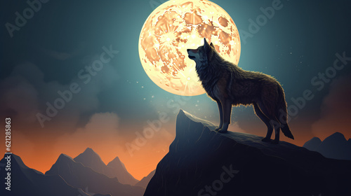 Fierce wolf howling at the moon  sunrise  sunset  with mountains and landscape in the background. Vivid  vibrant colors. Digital illustration  painting  drawing  art  poster  picture. Generative AI.