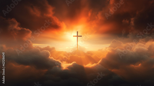cross against the sky. Holy cross in the clouds with golden sunshine in the background. Generative AI, 