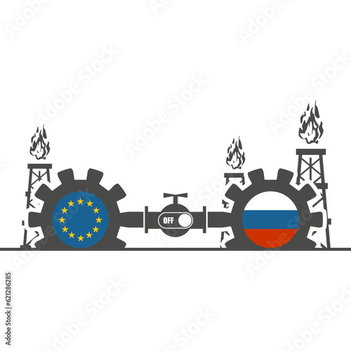 Image relative to gas transit from Russia to European Union. Gears connected by gas pipe. National flags on cog wheels. Switch off toggle.