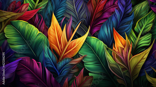 Folhas tropicais coloridas exuberantes  fundo escuro