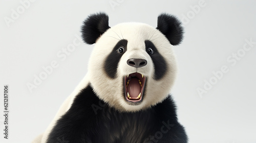 Panda olhando surpreso, reagindo espantado, impressionado, de pé sobre fundo branco