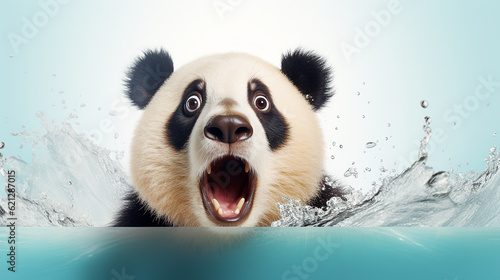Panda olhando surpreso, reagindo espantado, impressionado, de pé sobre fundo branco