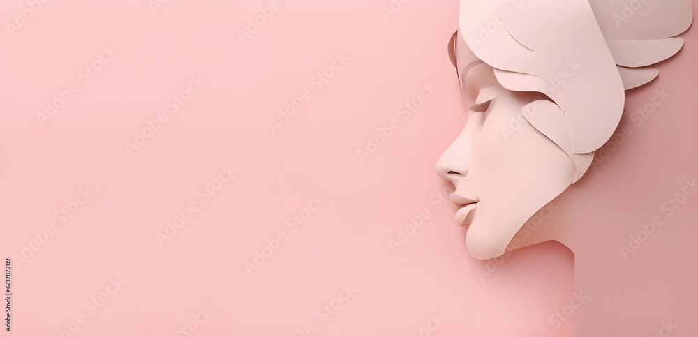 Beautiful women face on pastel pink background, paper art, free space, Generative AI Beautiful women face on pastel pink background, paper art, free space, Generative AI