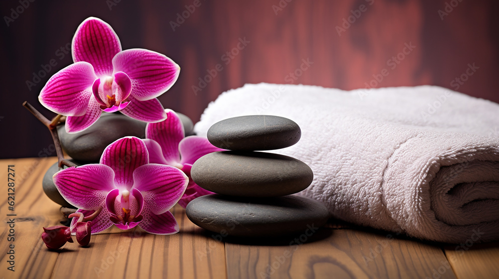 Orquídea de spa com toalhas macias e configuração de pedras de massagem Orquídea de spa com toalhas macias e configuração de pedras de massagem