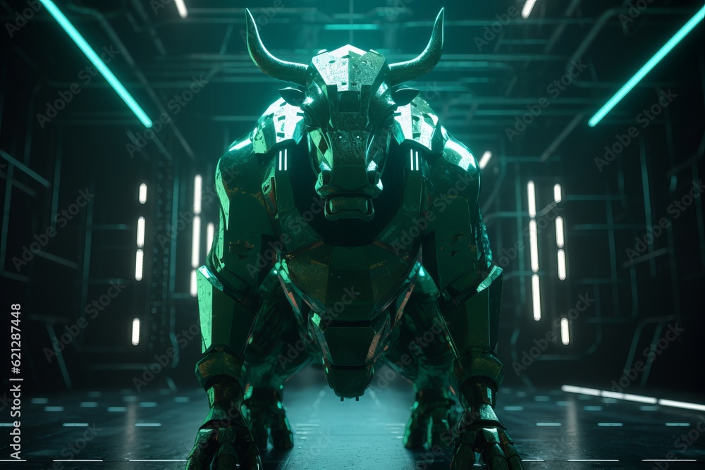 Fototapeta premium The Galactic Guardian: A Futuristic Bull in Green Armor Standing Strong Generative AI