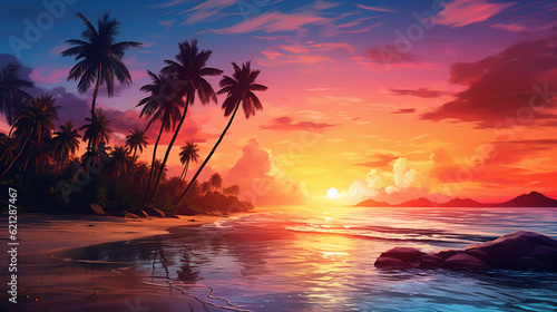 Praia tropical com palmeiras, céu nascer e pôr do sol. Fundo romântico photo