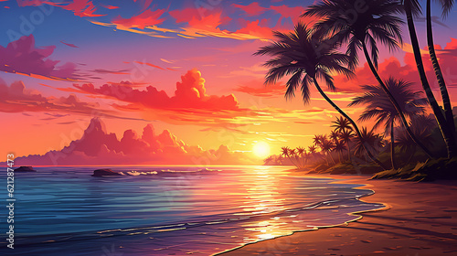 Praia tropical com palmeiras, céu nascer e pôr do sol. Fundo romântico