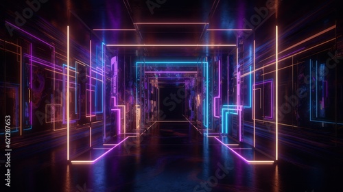 Immersive Neon Lights in Mirror-like Rooms: Rustic Futurism at Its Best Generative AI