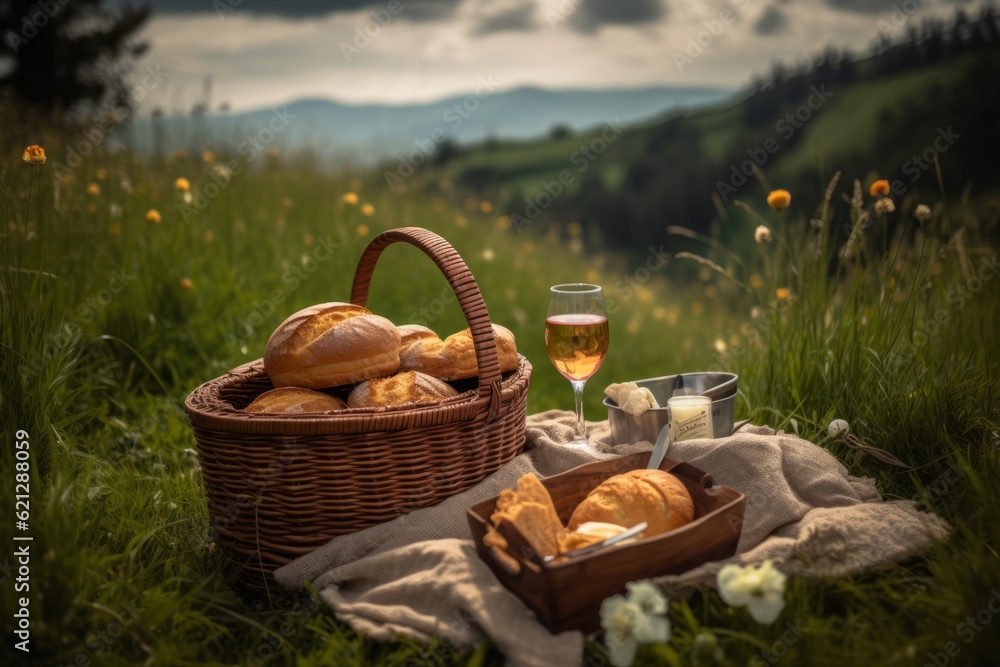 Harvest Bounty: A Rustic Picnic in the Golden Fields with Wine, Bread and Apples Generative AI