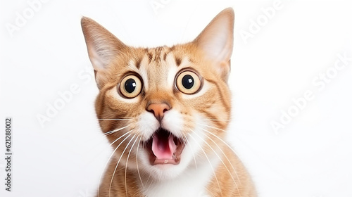 O jovem gato surpreso e louco faz olhos grandes fechados no fundo branco photo