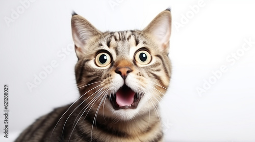 O jovem gato surpreso e louco faz olhos grandes fechados no fundo branco © Alexandre