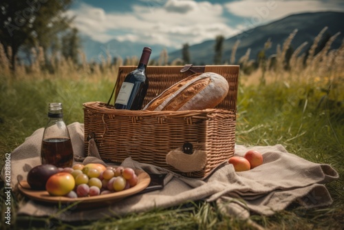 A Rustic Picnic in the Countryside: Fresh Bread, Wine, and Scenic Vistas Generative AI
