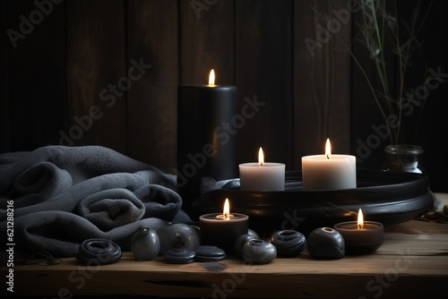 Serenity on a Wooden Table: Spa Candles, Stones, and Towel Generative AI