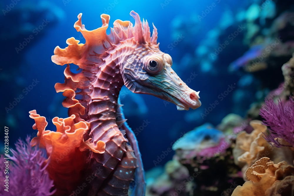 Closeup view of a seahorse in the coral reef Closeup view of a seahorse in the coral reef
