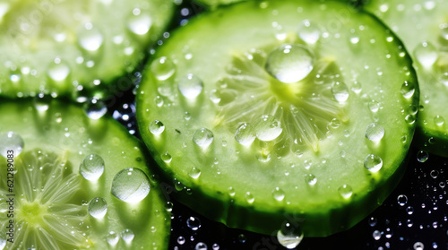 Background of cut cucumber with juice drops