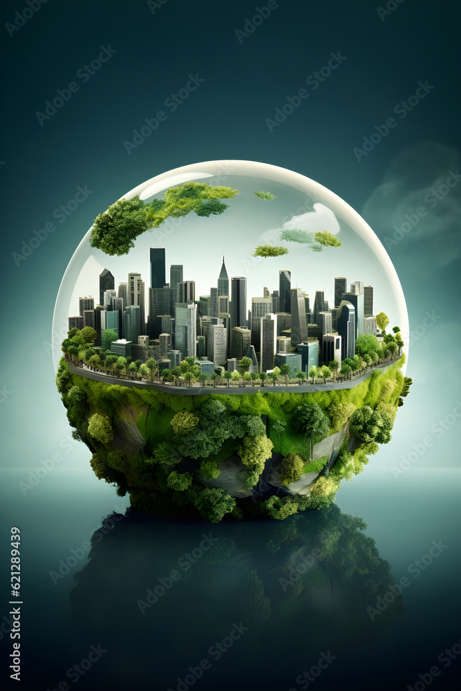 Ecology cityscape in sphere, environment and sustainability concept.