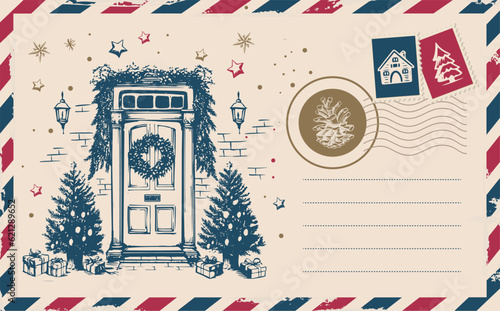 Christmas mail, postcard, Door decoration, hand drawn illustration.	
