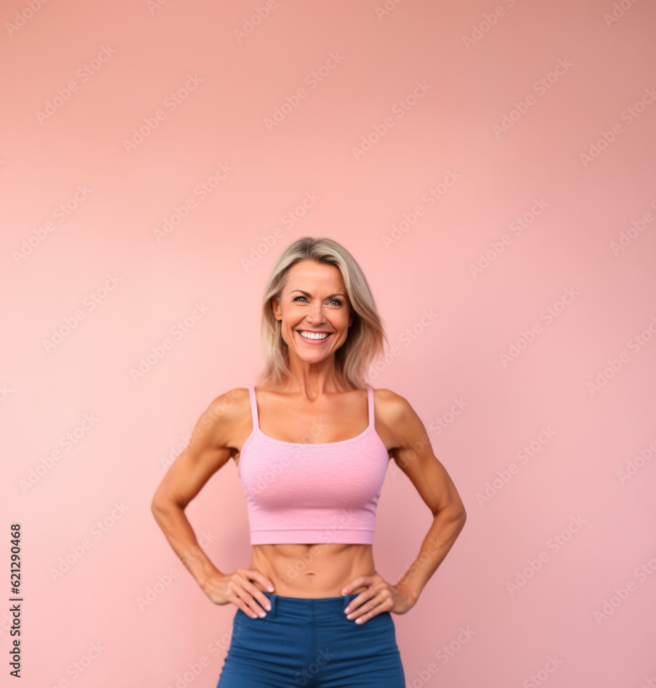 Smiling Senior muscular female fitness instructor, Generative AI Illustration Smiling Senior muscular female fitness instructor, Generative AI Illustration