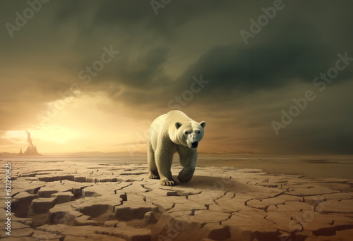 Polar bear walking on bare dry ground on sunny hot day, Generative AI Illustration