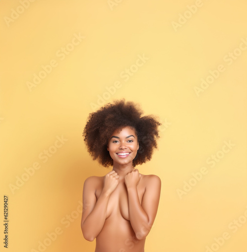 Topless young afro American woman smiling on yellow background, Generative AI Illustration