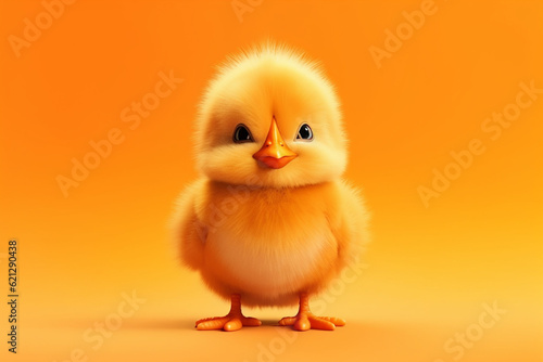 Cute little chick character isolated on orange background. 3d rendering. 