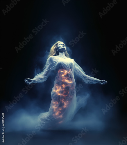Photo Female ghost rising up on dark background, Generative AI Illustration