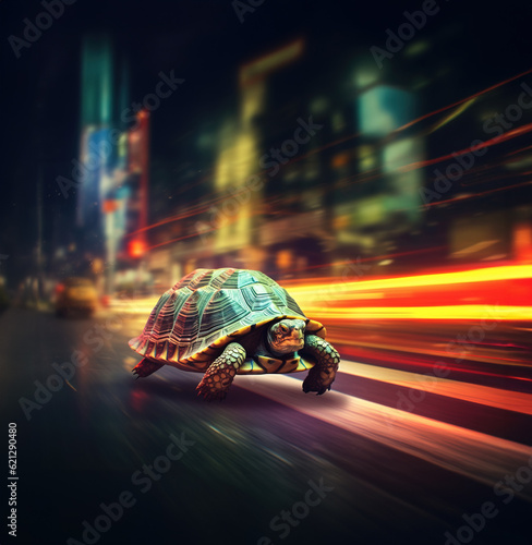 Photo Turtle running extremely fast on busy city street, Generative AI Illustration